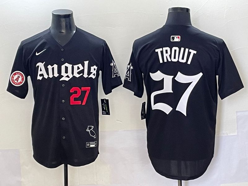 Men 2025 Los Angeles Angels #27 Trout Black Five generations Joint Name Nike MLB Jersey style 9->los angeles angels->MLB Jersey